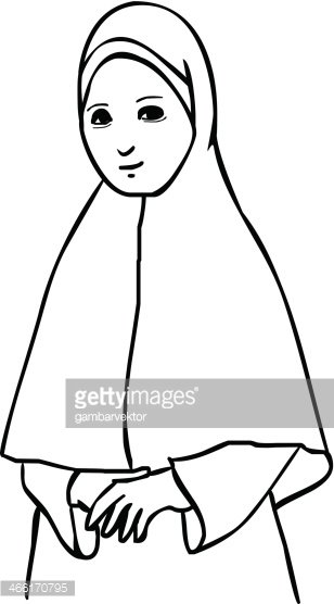 Black-and-white line drawing of a smiling woman wearing a hijab with hands clasped.