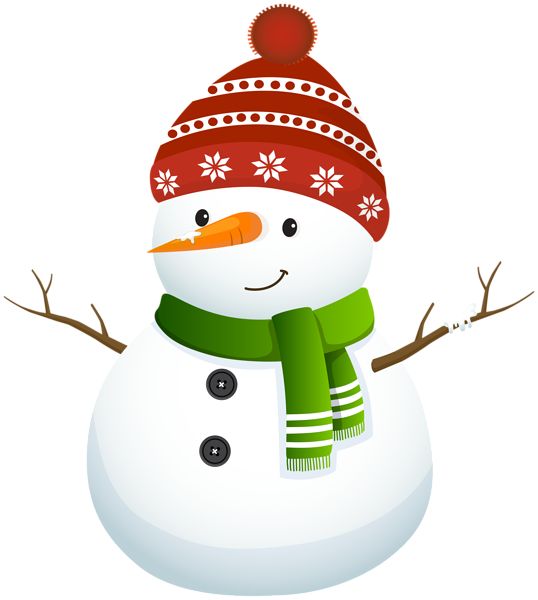 Cheerful snowman wearing a red patterned hat, green scarf, and carrot nose with stick arms.