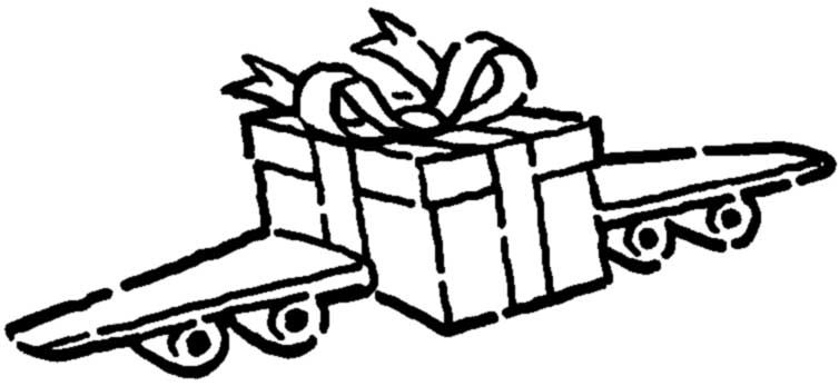 A line-drawn gift box with ribbon placed on a wheeled dolly or hand truck.