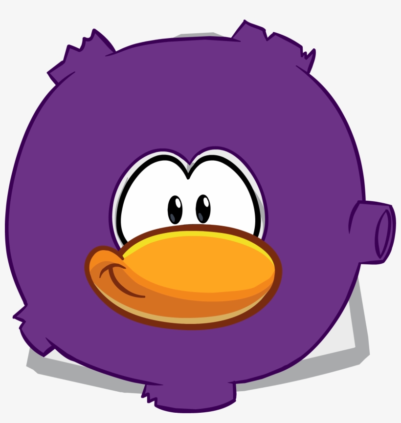 Purple cartoon penguin with large white eyes and orange beak, stylized and rounded design.