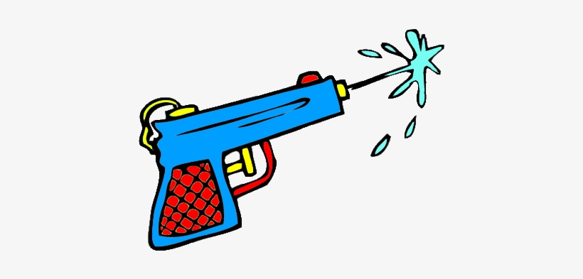 Blue cartoon-style water gun with red textured grip and yellow trigger, spraying a burst of water.