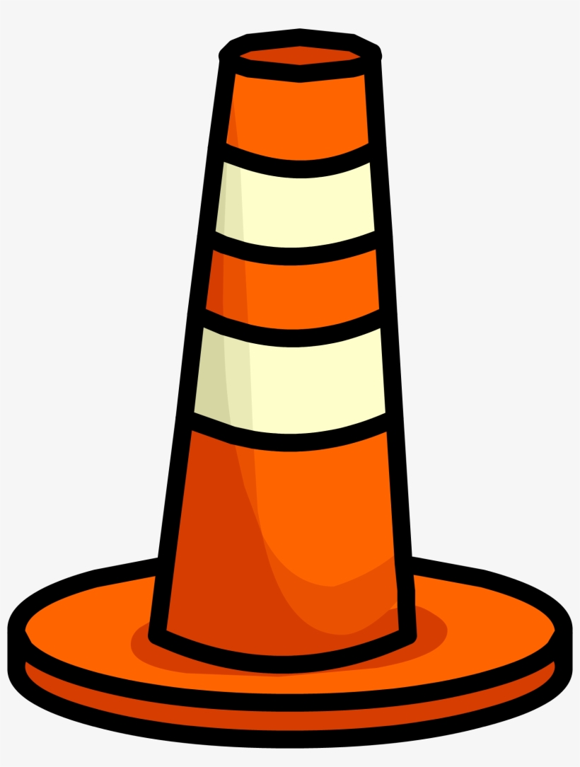 Orange traffic cone with white reflective stripes and a wide base, cartoon-style illustration.