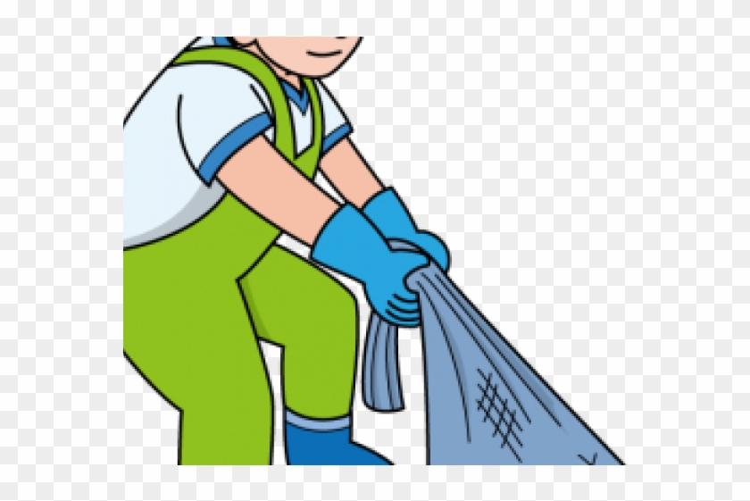 Person in green overalls and blue gloves holding a trash bag, cartoon style.