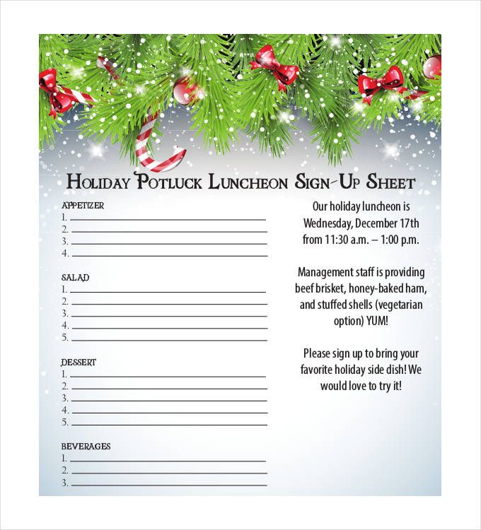 Holiday potluck luncheon sign-up sheet with festive pine garland, red bows, and candy canes at top.