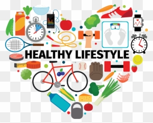 Heart-shaped collage of healthy lifestyle icons including bike, fruits, dumbbells, scale, water bottle, and stopwatch.
