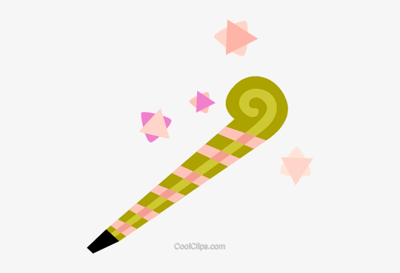 Green and pink striped party horn with swirling tip and floating star confetti.