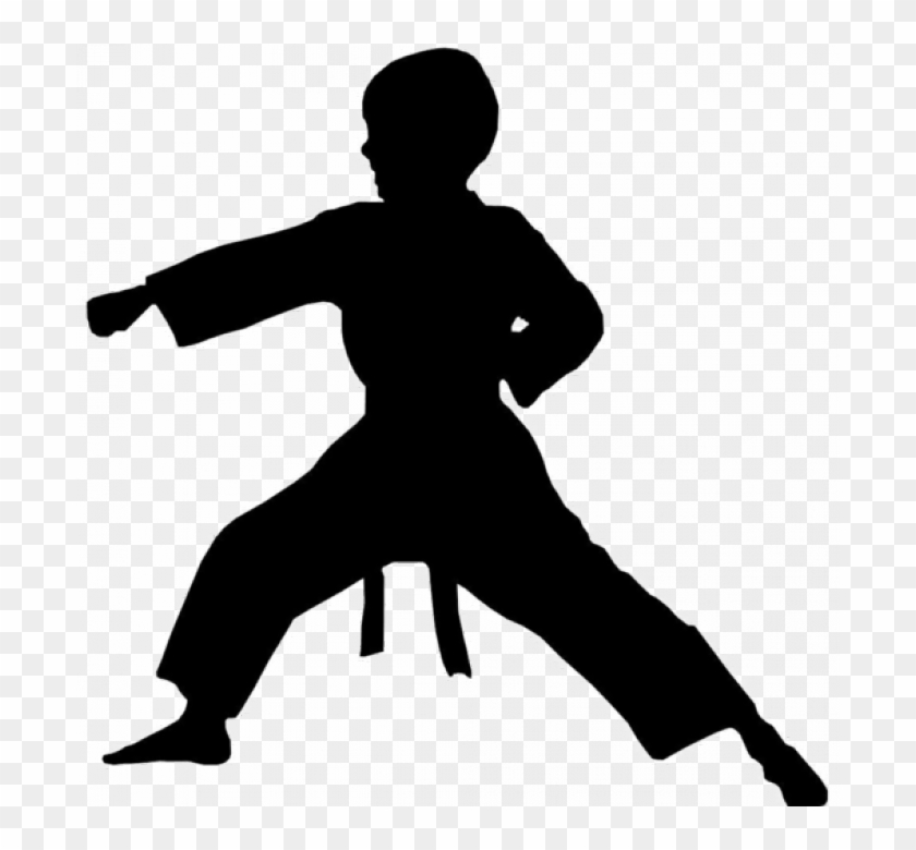 Silhouette of a martial artist in a dynamic karate stance, wearing a gi and belt, mid-pose with focused posture.