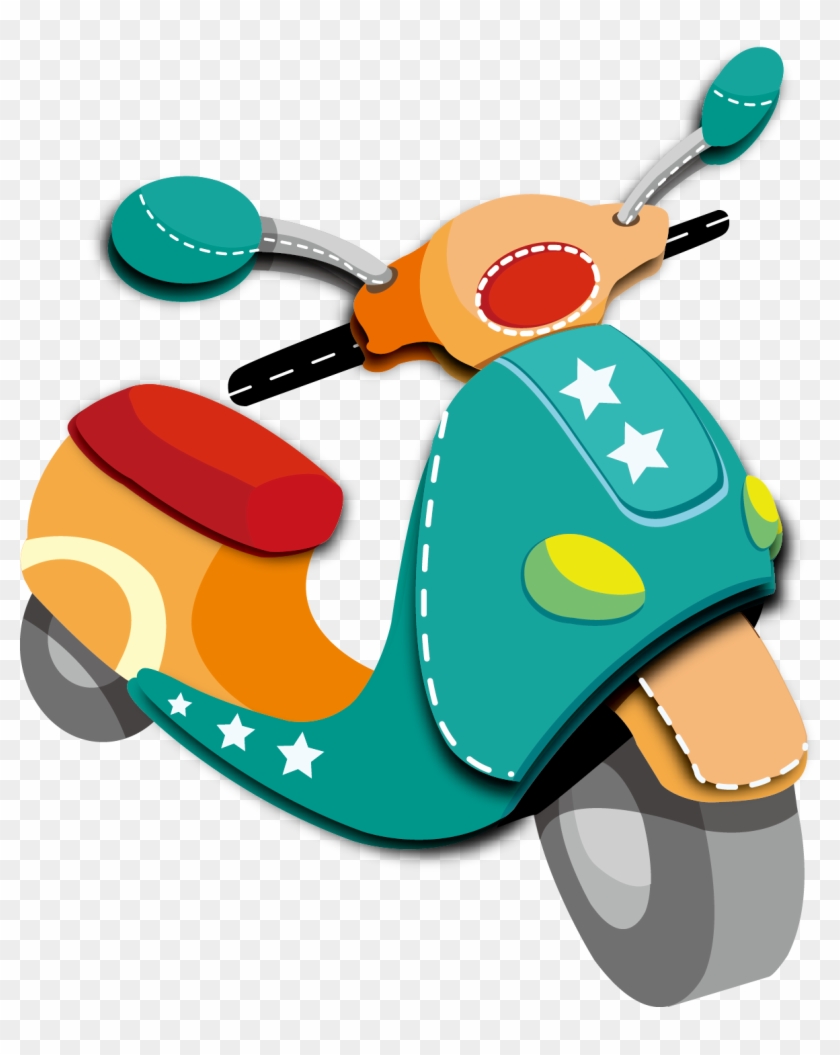 Colorful cartoon-style scooter with teal body, orange seat, stars, and playful details on transparent background.