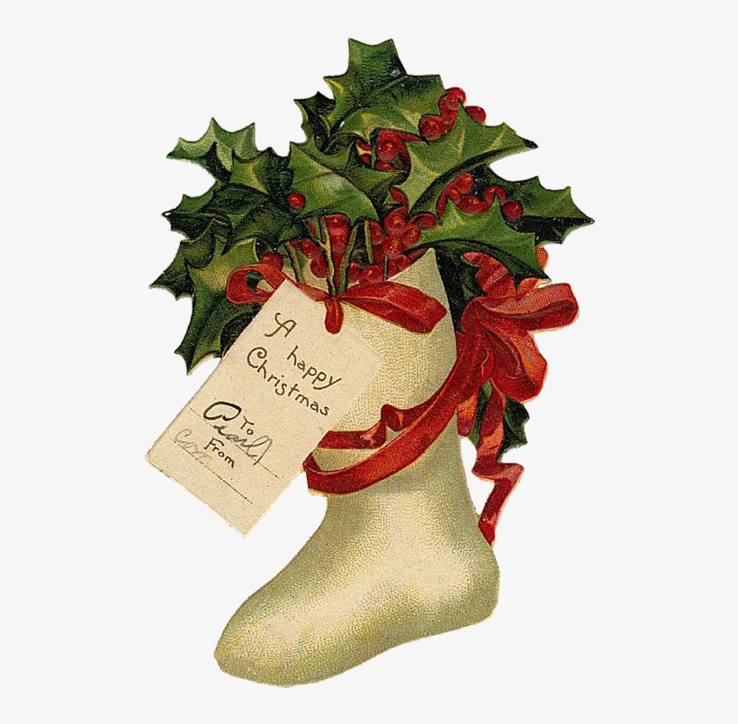 Vintage Christmas stocking filled with holly and berries, tied with red ribbon and a handwritten gift tag reading "A Happy Christmas".