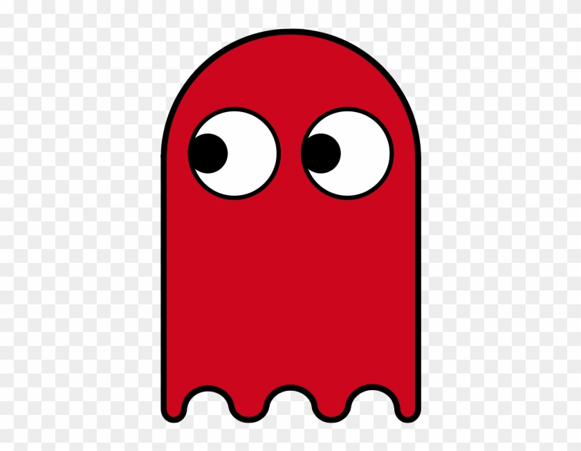 Red cartoon ghost with large white eyes and wavy bottom edge, resembling a classic arcade game character.