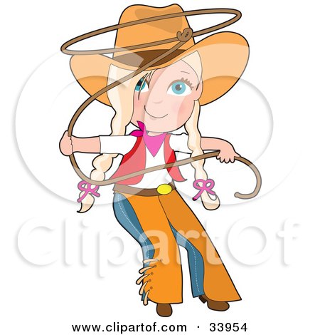 Smiling cartoon cowgirl with blonde braids, orange hat, and lasso in action pose.