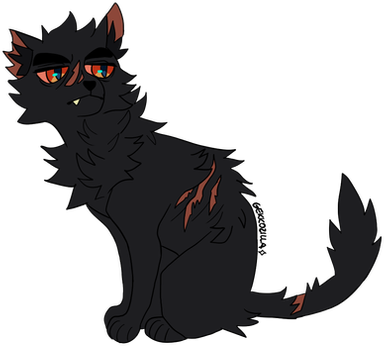 A dark, battle-scarred black cat with glowing red eyes and orange-tipped ears sits alert against a black background.