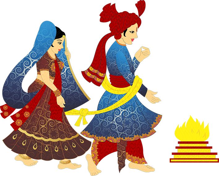 Two traditionally dressed Indian dancers performing Garba near a sacred fire.