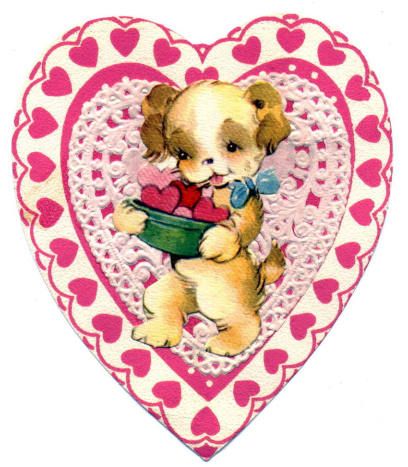 Vintage Valentine’s card featuring a cute puppy holding a bowl of red hearts inside a lace-trimmed heart frame.