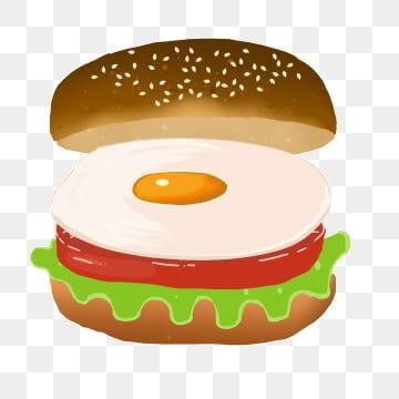 Cartoon-style burger with sesame seed bun, fried egg, tomato, lettuce, and sauce on transparent background.