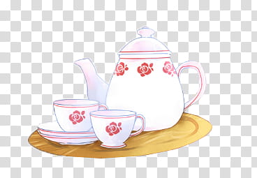White ceramic teapot and two matching cups with pink rose patterns on a wooden tray, transparent background.