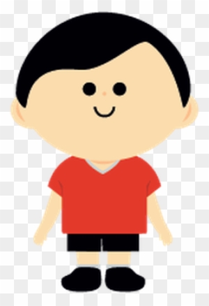 Smiling cartoon boy with black hair, red shirt, black shorts, and black shoes on transparent background.