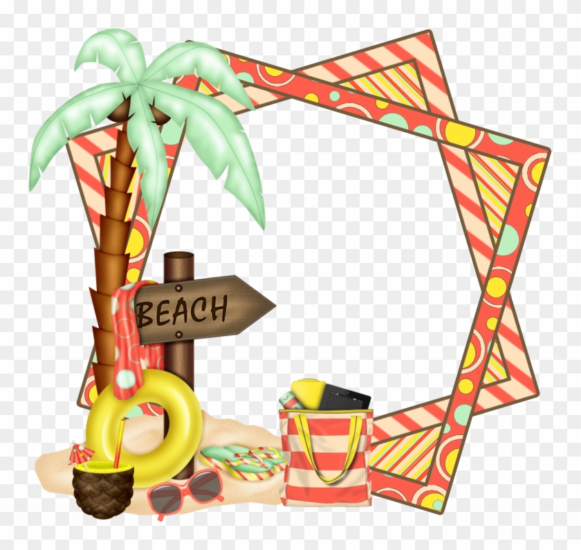 Tropical beach-themed decorative frame with palm tree, signpost, floatie, sunglasses, and striped bag on sand.