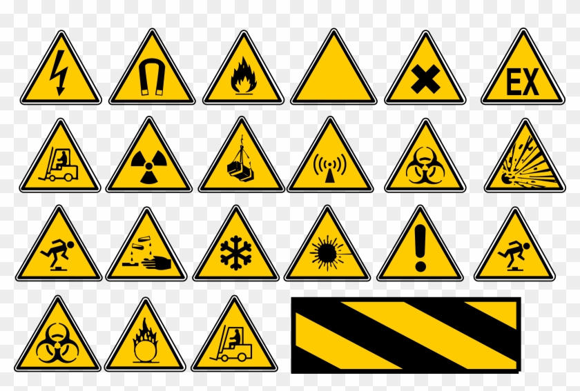 Collection of yellow triangular safety warning signs for hazards like electricity, fire, radiation, biohazard, and machinery.
