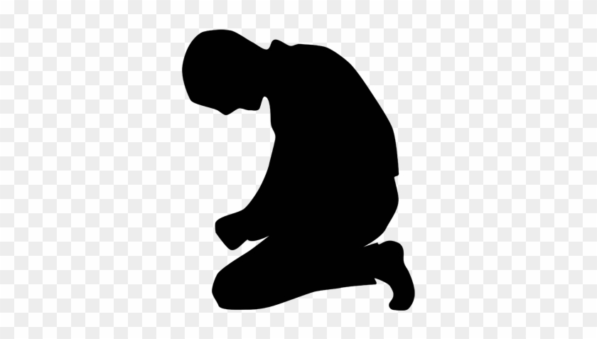 Silhouette of a person kneeling in prayer or contemplation, head bowed, hands clasped.