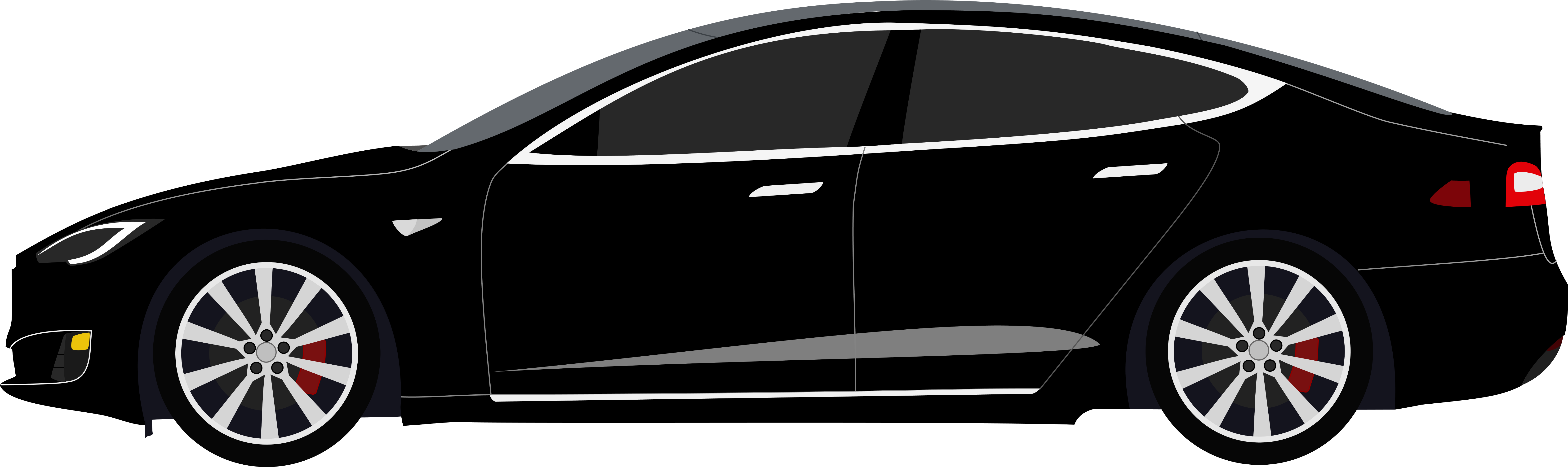 Sleek black Tesla Model S side profile with silver wheels, red brake calipers, and minimalist design on transparent background.