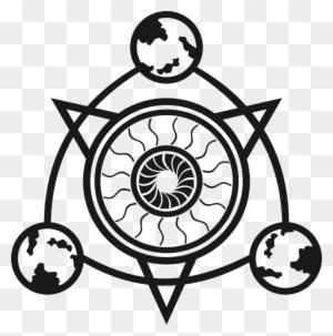 Symbolic emblem featuring a central spiral eye surrounded by three Earth globes within a triangular frame and circular border.