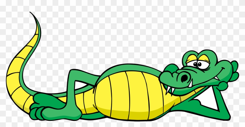 Cartoon green and yellow alligator lying down with a relaxed smile, arms behind head.