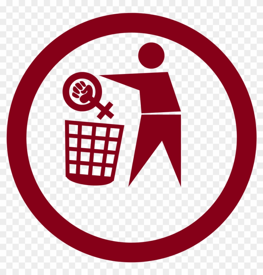 A maroon icon showing a stylized person tossing a feminist symbol (raised fist inside Venus sign) into a trash bin, enclosed in a circle.