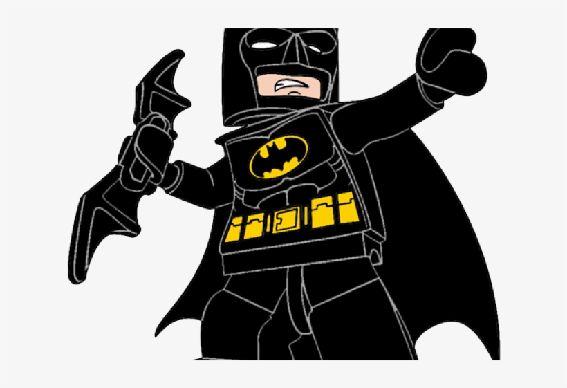 LEGO Batman minifigure in dynamic pose with batarang and cape, stylized black-and-yellow suit.