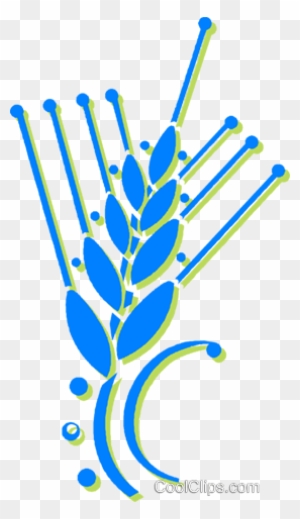 Stylized blue and green wheat stalk with abstract lines and crescent, symbolizing agriculture and growth.