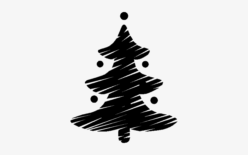Hand-drawn black Christmas tree with scribbled texture and five decorative dots on white background.