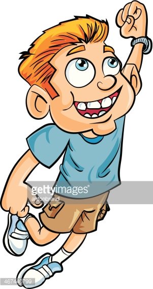 Excited cartoon boy with spiky orange hair, blue shirt, and sneakers, jumping with fist raised in celebration.