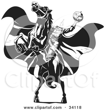 A black-and-white stylized illustration of the Headless Horseman riding a rearing horse, holding a glowing jack-o'-lantern.