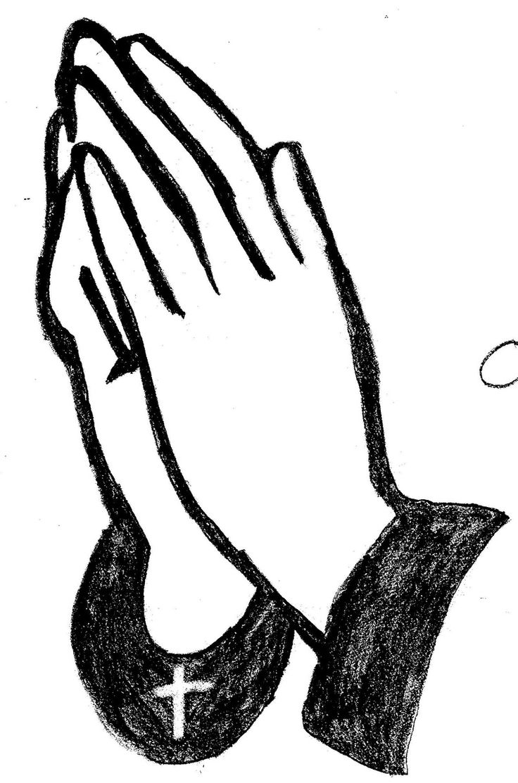 Black-and-white sketch of clasped praying hands with a cross on the left sleeve, evoking faith and devotion.