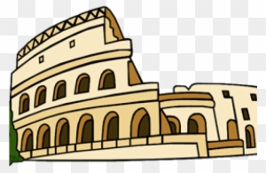Illustrated cartoon-style depiction of the ancient Roman Colosseum with arched tiers and partial ruins.