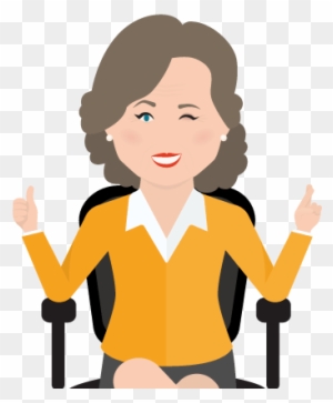 Smiling professional woman in yellow blouse giving two thumbs up while seated in office chair.