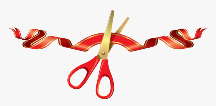 Red-handled scissors cutting a glossy red ribbon with gold trim, symbolizing a grand opening or celebration.