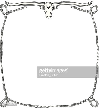 Vintage cowboy rope frame with longhorn skull at top, hand-drawn line art style.