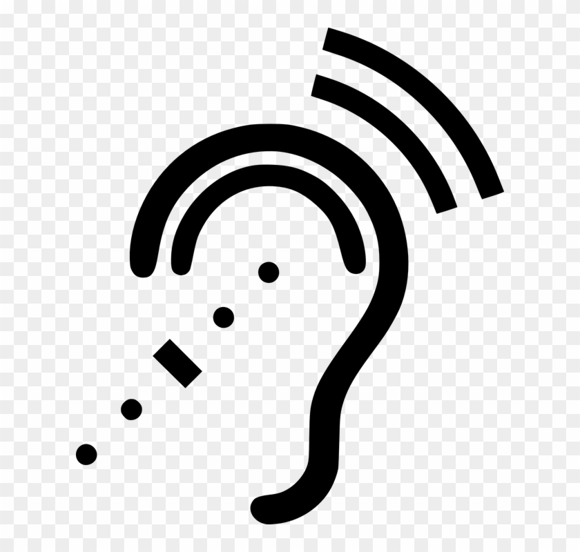 Black icon of a human ear with sound waves and speech bubbles, symbolizing listening, hearing, or audio processing.