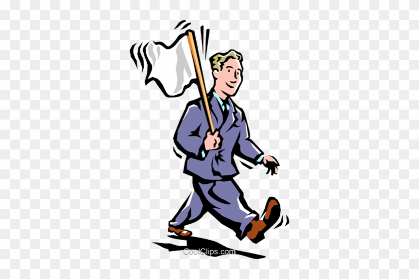 Businessman in suit marching forward while holding a waving white flag.