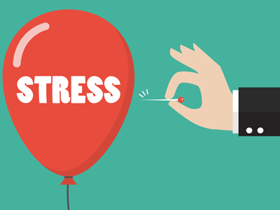 A hand holding a pin about to pop a red balloon labeled "STRESS" against a teal background.