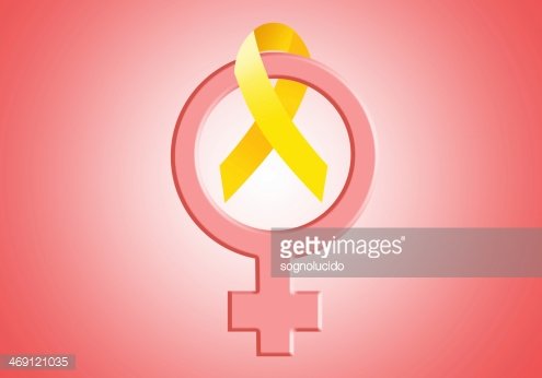 Yellow ribbon inside a pink female gender symbol on gradient pink background, representing endometriosis awareness.