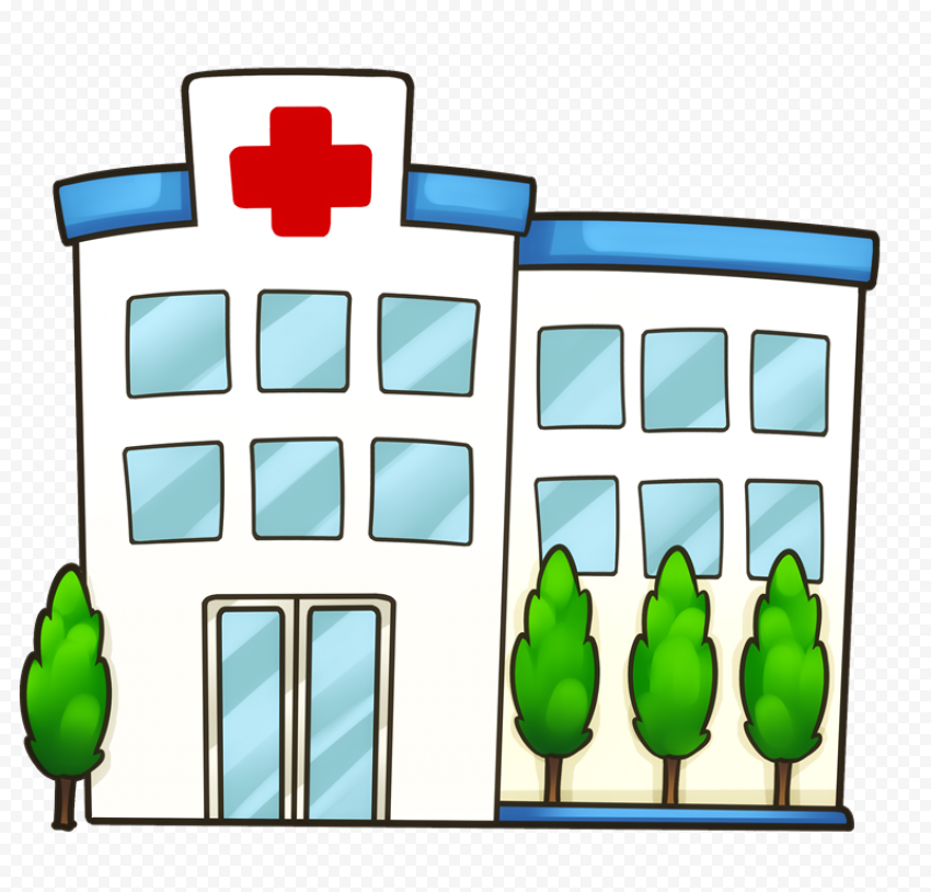 Cartoon-style hospital building with red cross emblem, blue roof, windows, and green trees.
