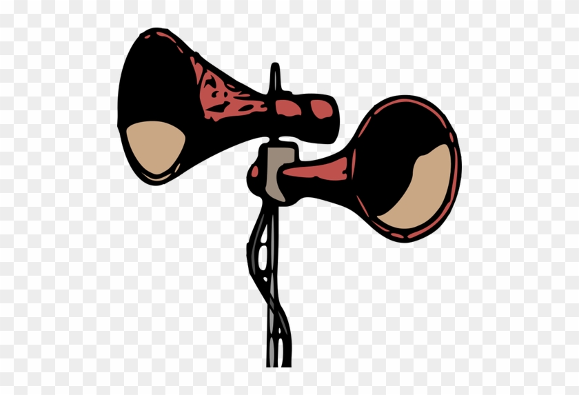 Vintage dual-horn siren with black body, red accents, and beige speaker cones mounted on a metal pole.