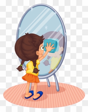 A young girl with braided hair cleans a round mirror with a blue cloth while standing on a pink rug.