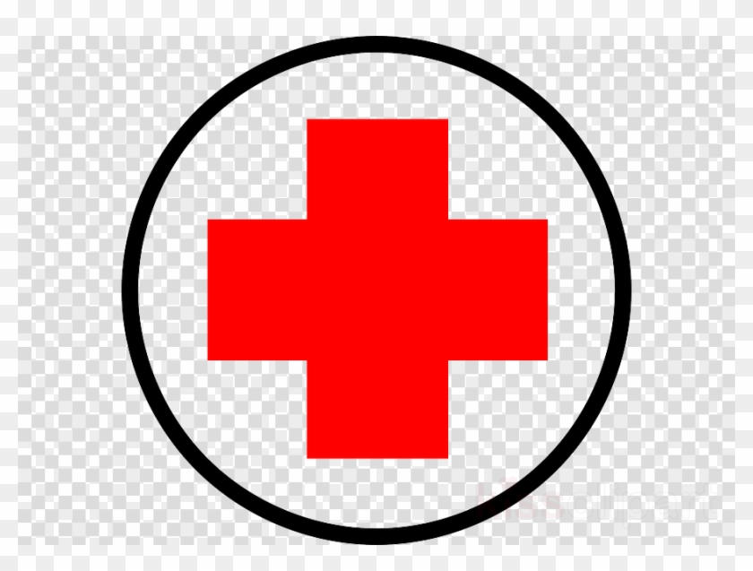 Red cross symbol inside a black circle on transparent background, representing medical aid or humanitarian services.