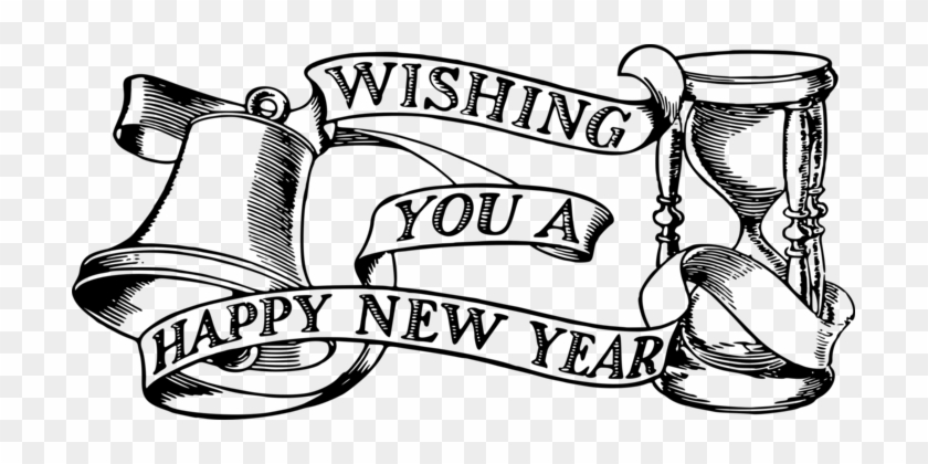 Vintage black-and-white illustration of a bell, hourglass, and ribbon banner reading "Wishing You a Happy New Year".