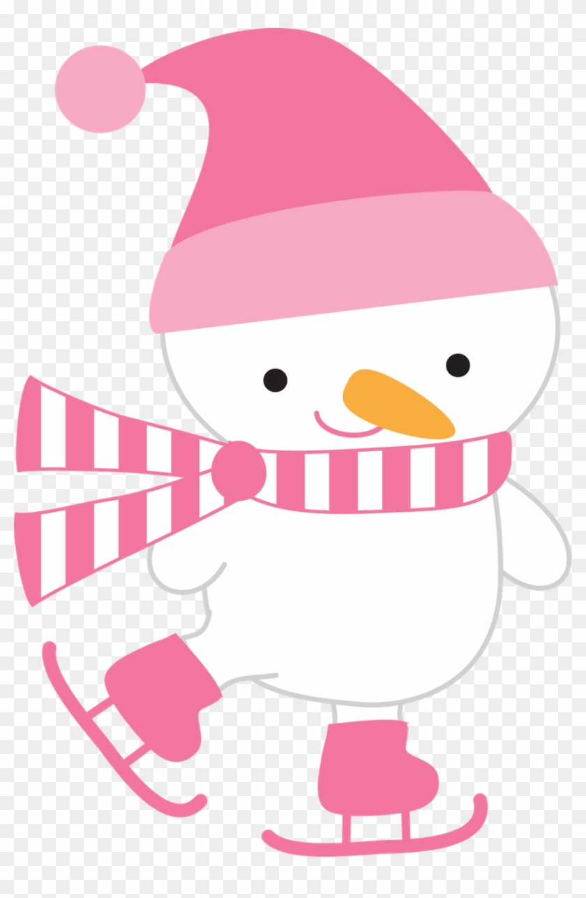 Cute pink-clad snowman skating with striped scarf and Santa hat.
