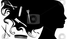 Silhouette of a woman’s profile with flowing hair and embedded hairdressing tools including scissors, comb, brush, and hairdryer.