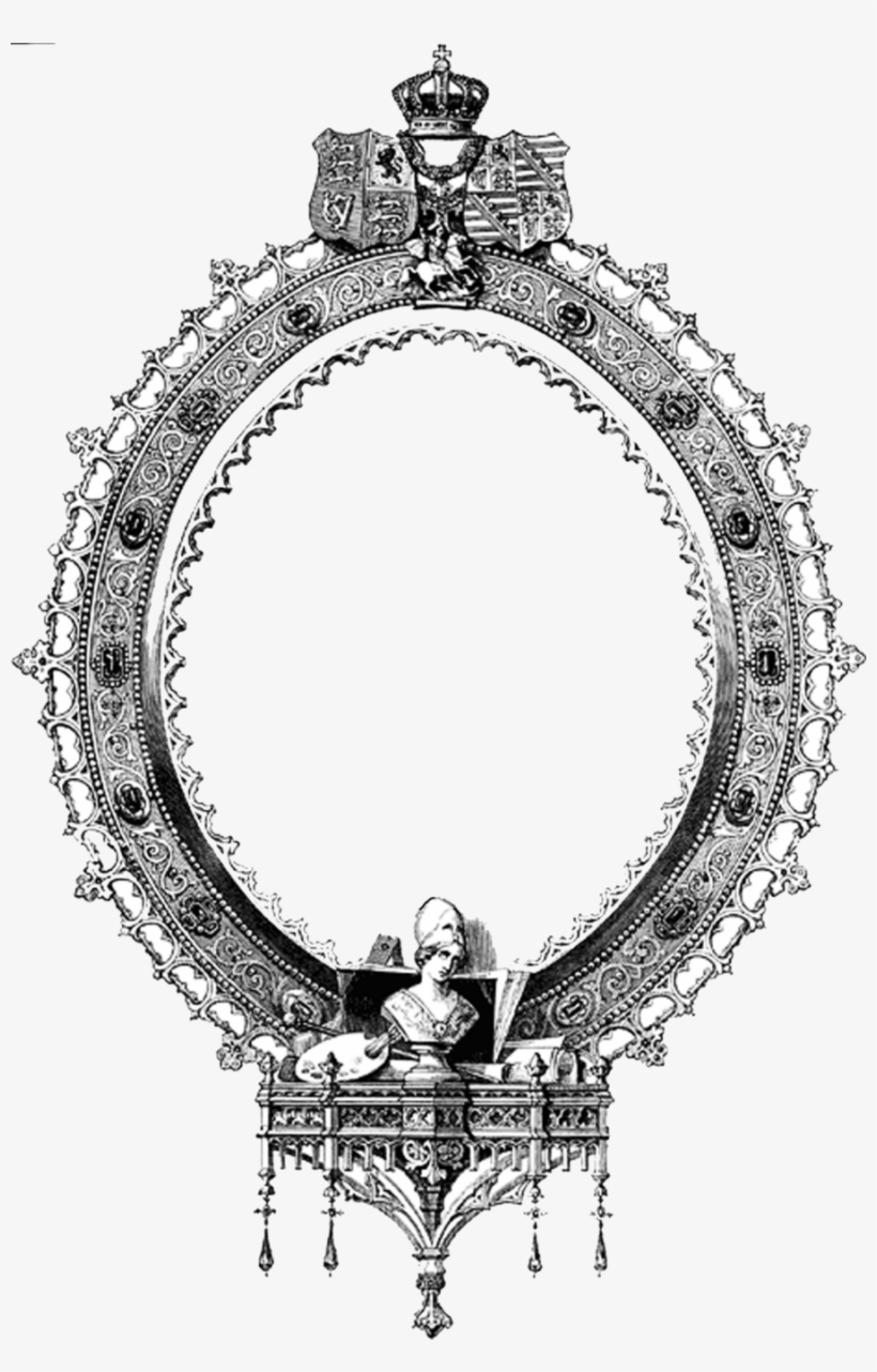 Ornate oval frame with royal crown, heraldic shield, and seated figure in bishop’s attire below.